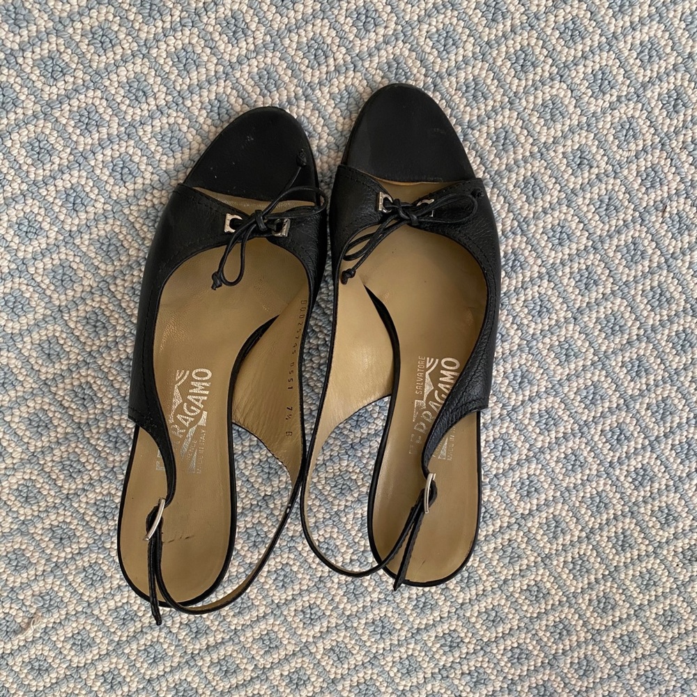 Black Ferragamo kitten heel sandals
